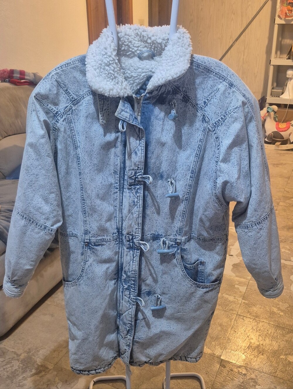 Vintage Paris Sport Club Denim Coat Sz S Acid Wash Sherpa Collar Toggle 90s